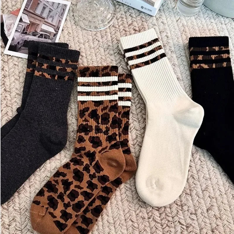 4 Pairs Women Leopard Socks Cotton Sports Y2k Student White Lolita Harajuku Girl Funny Socks - Matrix Studios