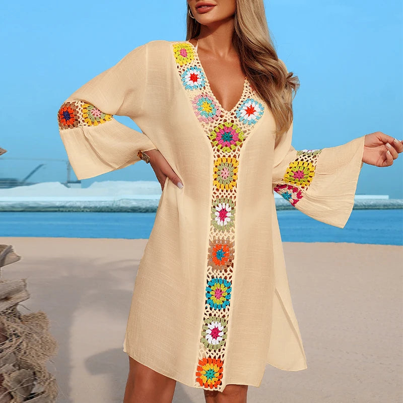 Hand Crochet Multicolour Flower Block Beachwear Cover Up Beach Vacation Casual See-Through Midi Dress Breathable Sunscreen Smock - Matrix Studios