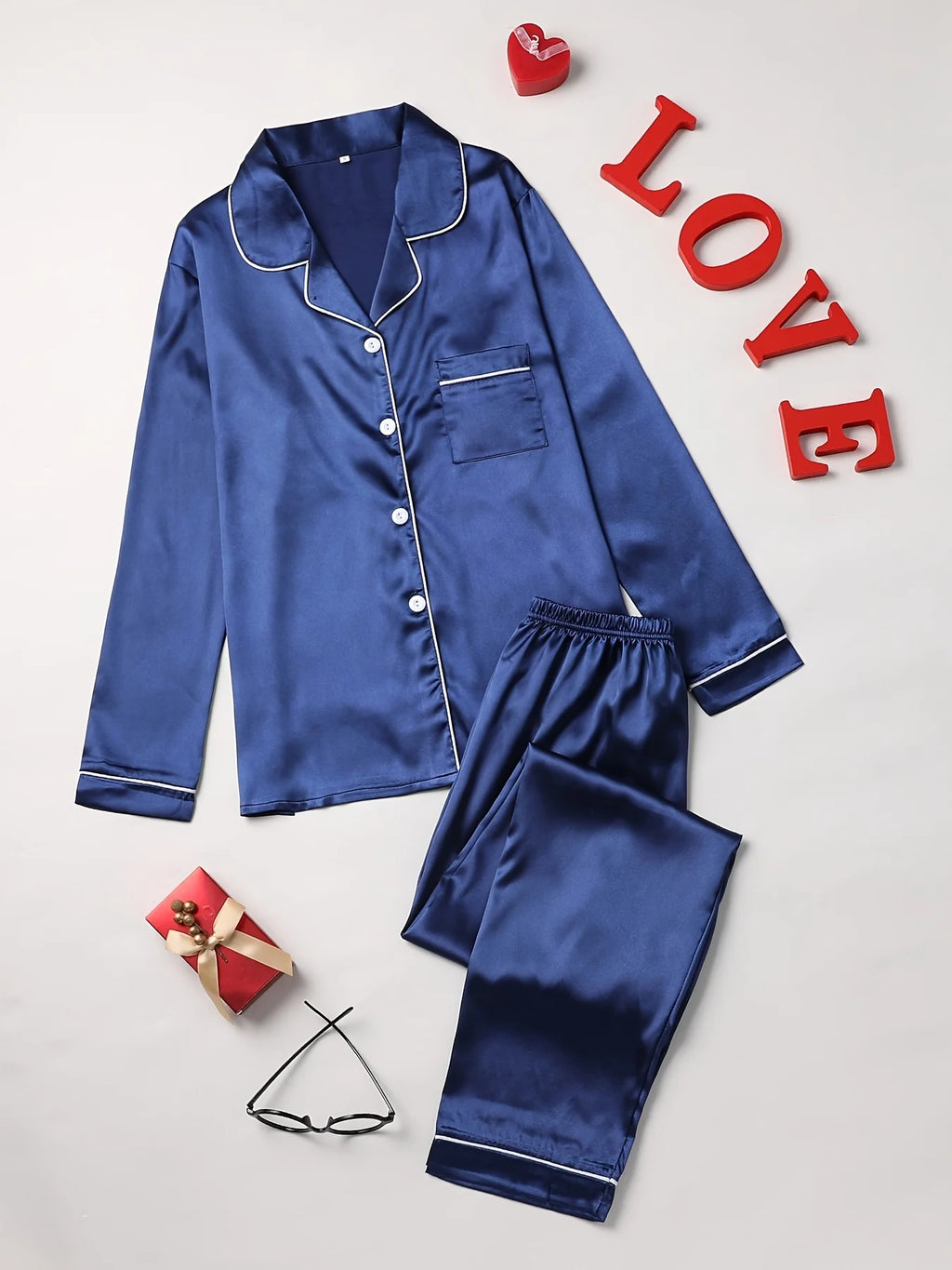 Solid Pajama Set Long Sleeve Button Up Lapel Top & Pants Pj Set Women's Sleepwear & Loungewear - Matrix-studios.com