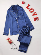 Solid Pajama Set Long Sleeve Button Up Lapel Top & Pants Pj Set Women's Sleepwear & Loungewear - Matrix-studios.com