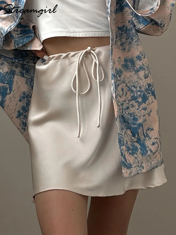Satin Mini Skirts Women Summer Beige Silk Short Skirt For Woman Drawstring High Waist Black Satin Skirt A Line Women Short 2026 - Matrix-studios.com
