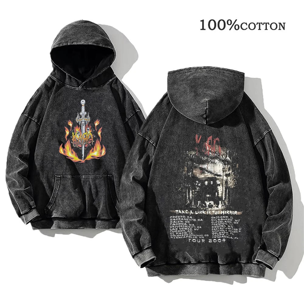 Korn Rock Band World Tour Hoodies Vintage Washed Men's Sweatshirts Cotton Hip Hop Streetwear Hooded Pullover Loose Y2K Tops - Matrix Studios