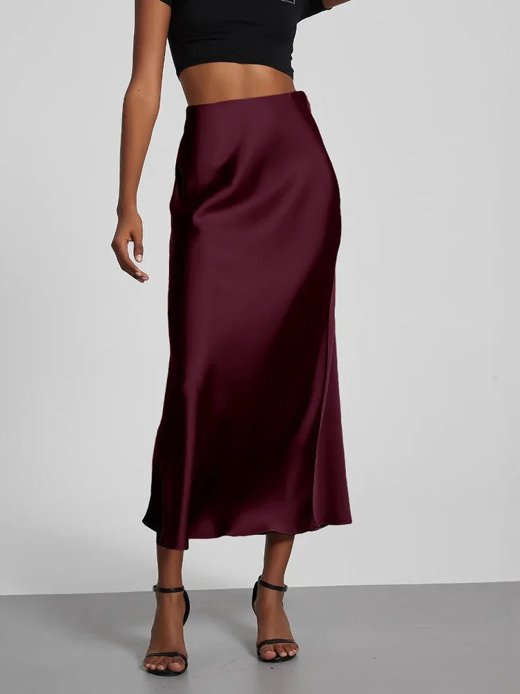 21 Colors New 2026 Women's Elegant High Waist Satin Long Skirts Female Summer Solid Color Faldas - Matrix-studios.com