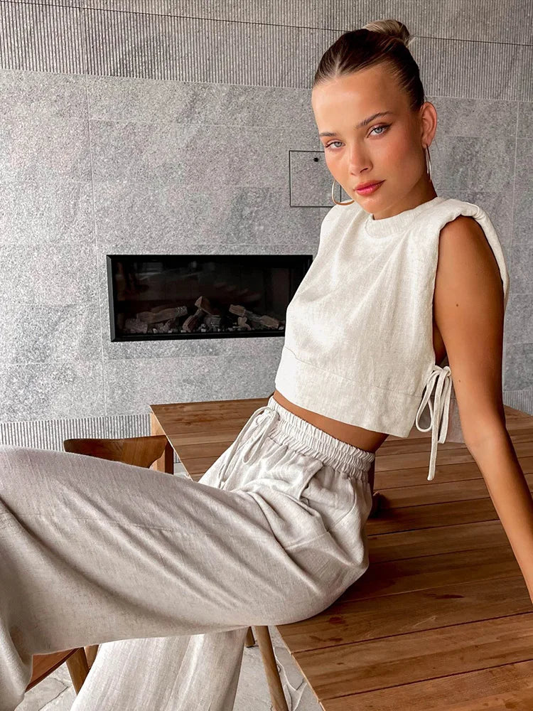 Spring Summer 2025 Women Holiday Linen Pant Set Crop Tops Solid Outfits 2 Two Piece Matching Set For Women - Matrix-studios.com
