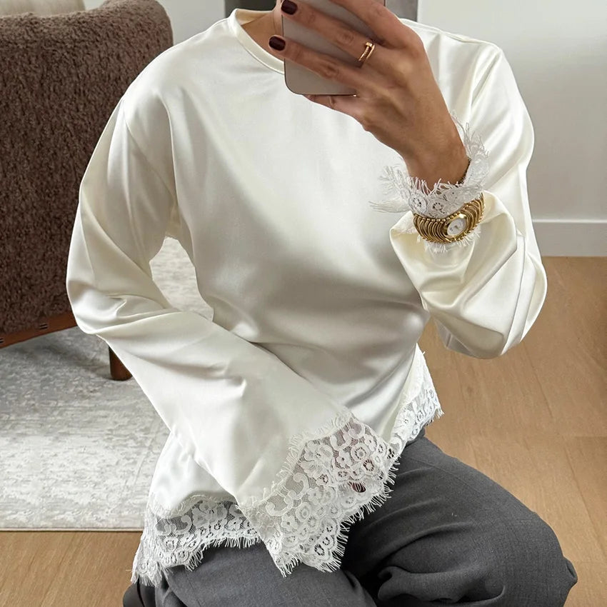 Linad Elegant White Lace Flare Sleeve Woman Blouse 2026 Vintage Satin Asymmetrical Shirts Female Casual O Neck Pullover Tops - Matrix-studios.com