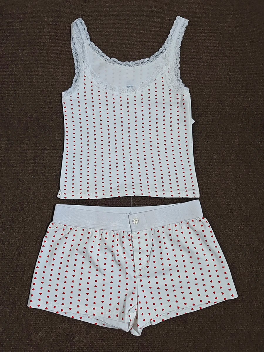 Strawberry Vest Shorts 2 Pieces Set Woman Eyelet Bow Slim Tank Top with Elastic Waist Patchwork Straight Short Pant Sweet Sets - Matrix-studios.com