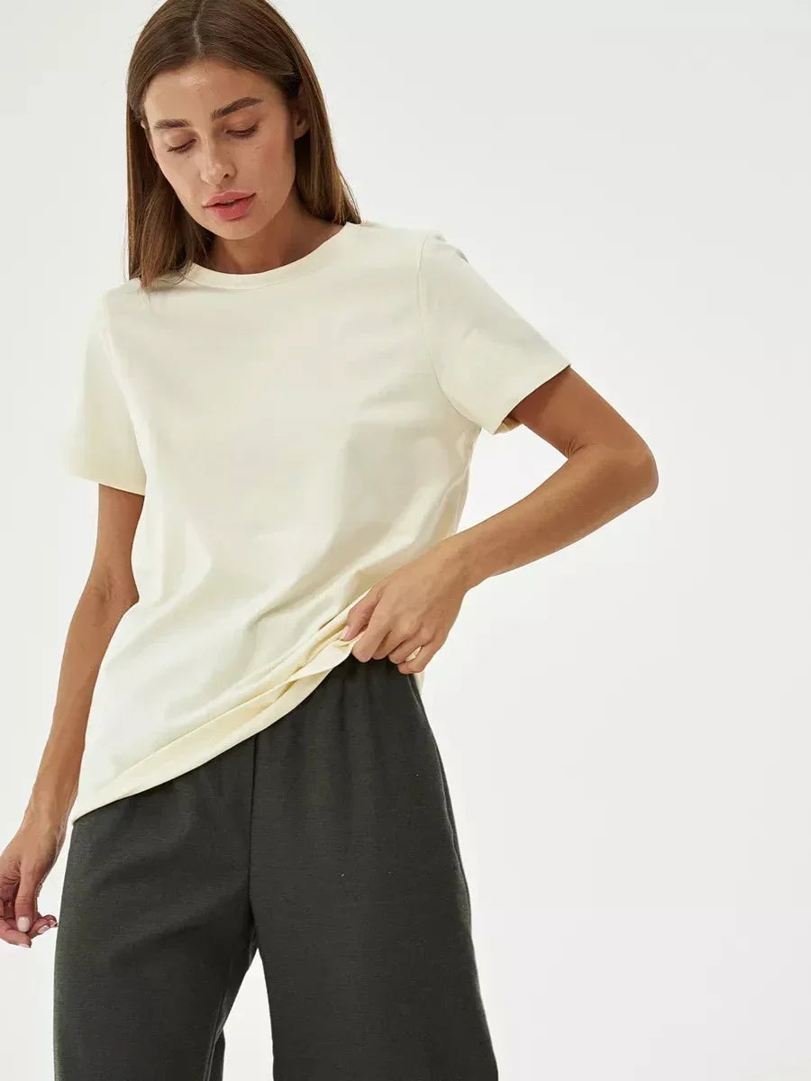 Bornladies Summer 100% Cotton Women's T-shirt Bottoming Basic Fashionable Solid Lady Short Sleeve Loose Tops Shirts 230g/㎡ Tops - Matrix-studios.com
