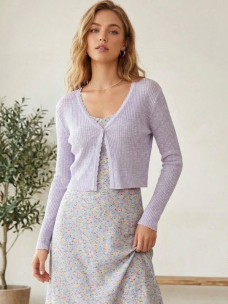 Women Cardigans Long Sleeve Knitted Outerwear Solid Thin Spring Short Sweaters V-neck Knitwears Korean Fashion Cardigans 2026 - Matrix Studios