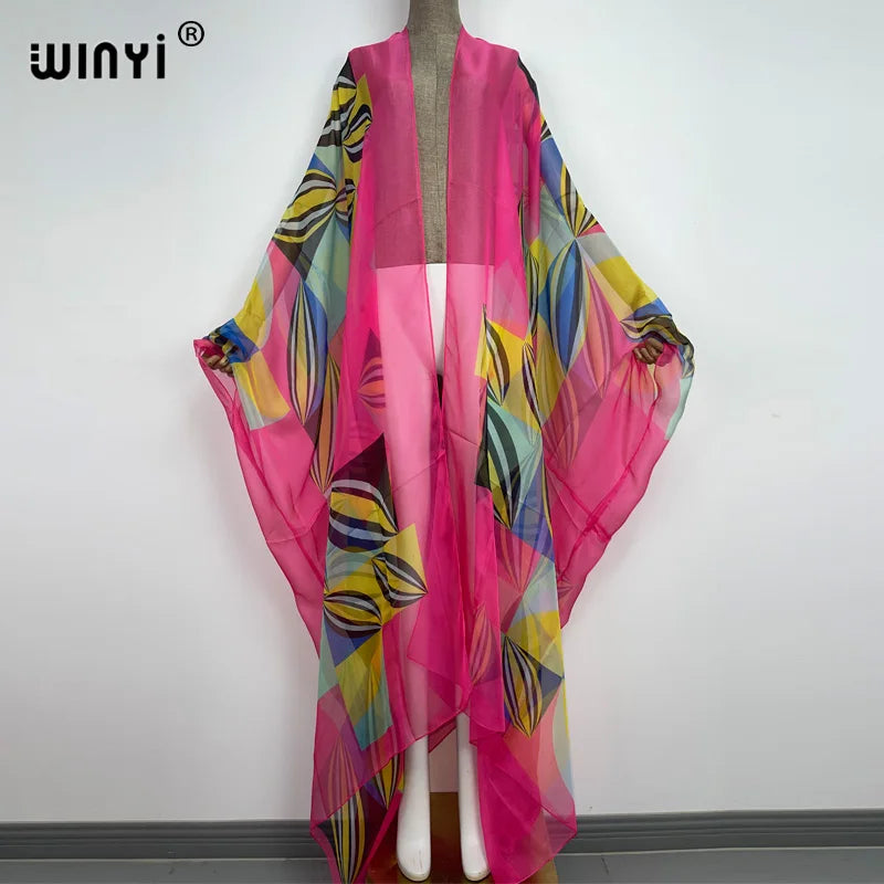 2022 WINYI Beach Cover Up Sweet Lady Pink Boho Cardigan Stitch Cocktail Sexy Boho Maxi Holiday Batwing Sleeve Perspective Kimono - Matrix Studios