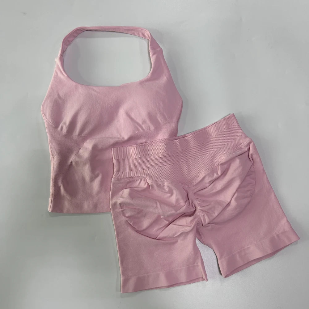 No Logo 2 Pieces Gym Set Women Backless Halter Tops High Waist Seamless Shorts Gym Suit Fitness Clothes Sportswear Workout Sets - Matrix-studios.com
