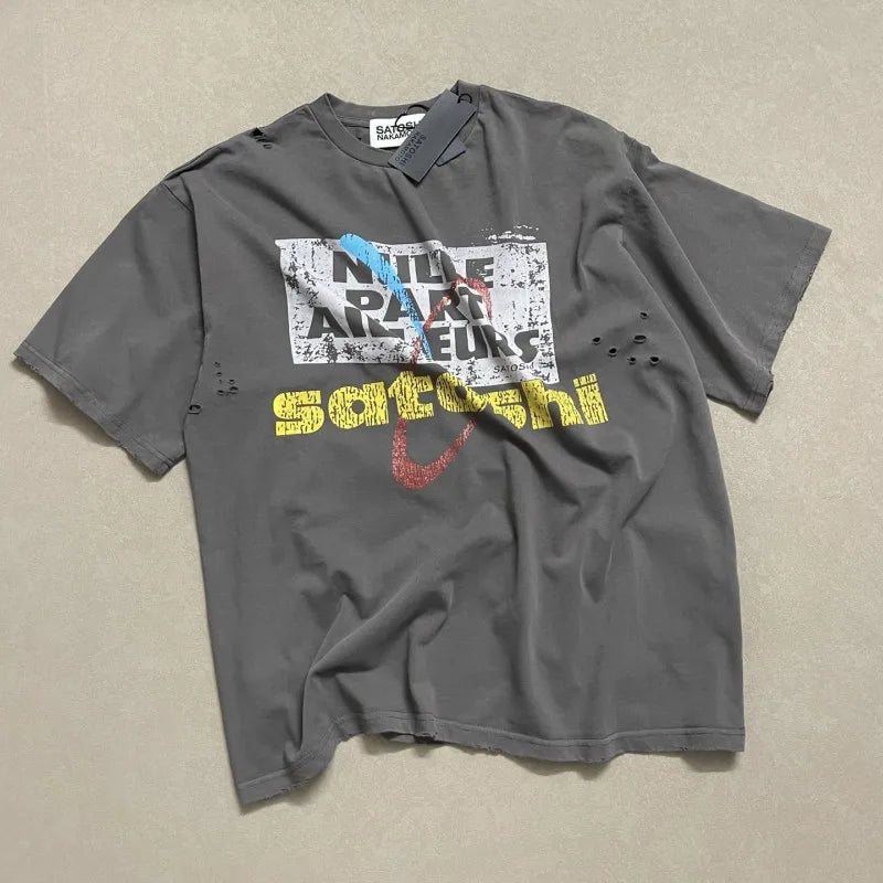 Vinatge Washed Distressed Hole SATOSHI Tshirt Crack Fading Print Short Sleeve Hiphop Streetwear Cotton Round Neck Tops Men Women - Matrix-studios.com