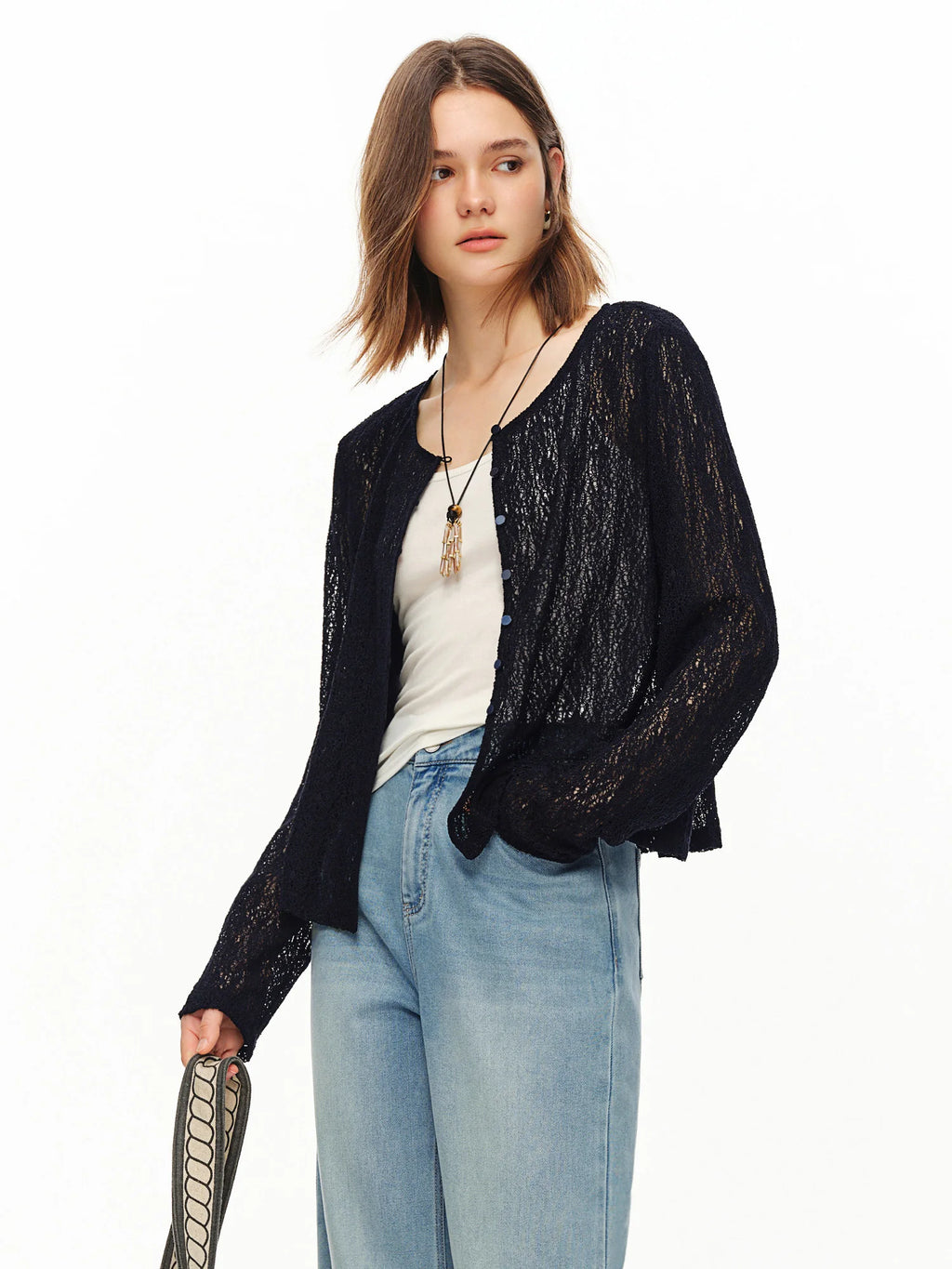 DUSHU 2026 Summer Women's Textured Beaded Button Relaxed Cardigan, Openwork Loose Knit Top for Coquette & Soft Layering Style - Matrix Studios