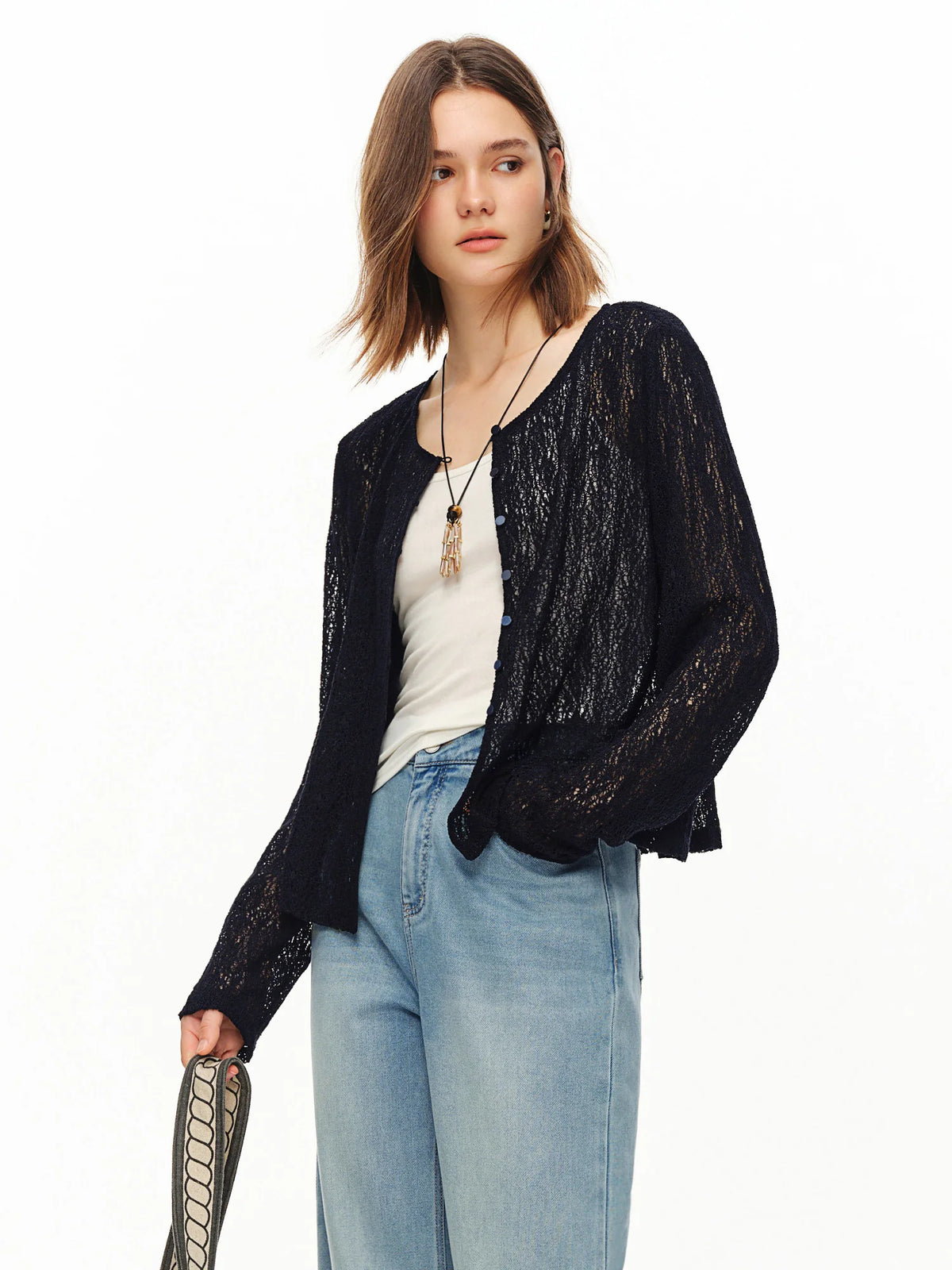 DUSHU 2026 Summer Women's Textured Beaded Button Relaxed Cardigan, Openwork Loose Knit Top for Coquette & Soft Layering Style - Matrix Studios