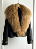 Janveny Luxury Natural Mongolian Sheep Fur Coat Women Winter Short Faux Leather Jacket Female Moto Biker Thick Outwear - Matrix Studios