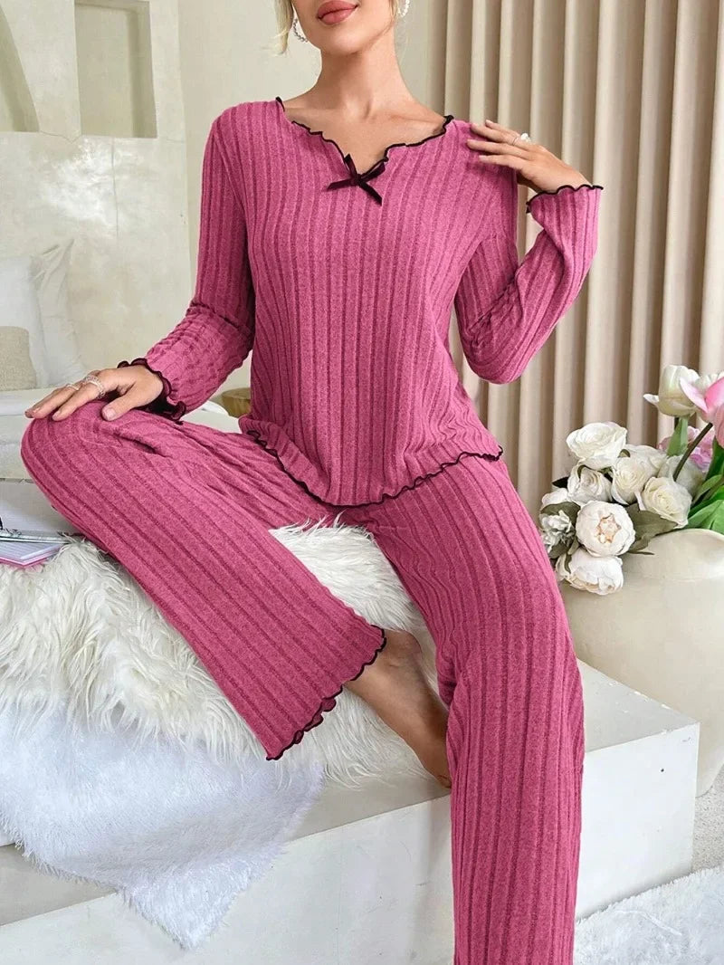 Women Autumn Winter Sleepwear Ribbed Pajamas Set Long Sleeve Top and Long Pants 2 Piece Set Casual Homewear Loungewear - Matrix-studios.com