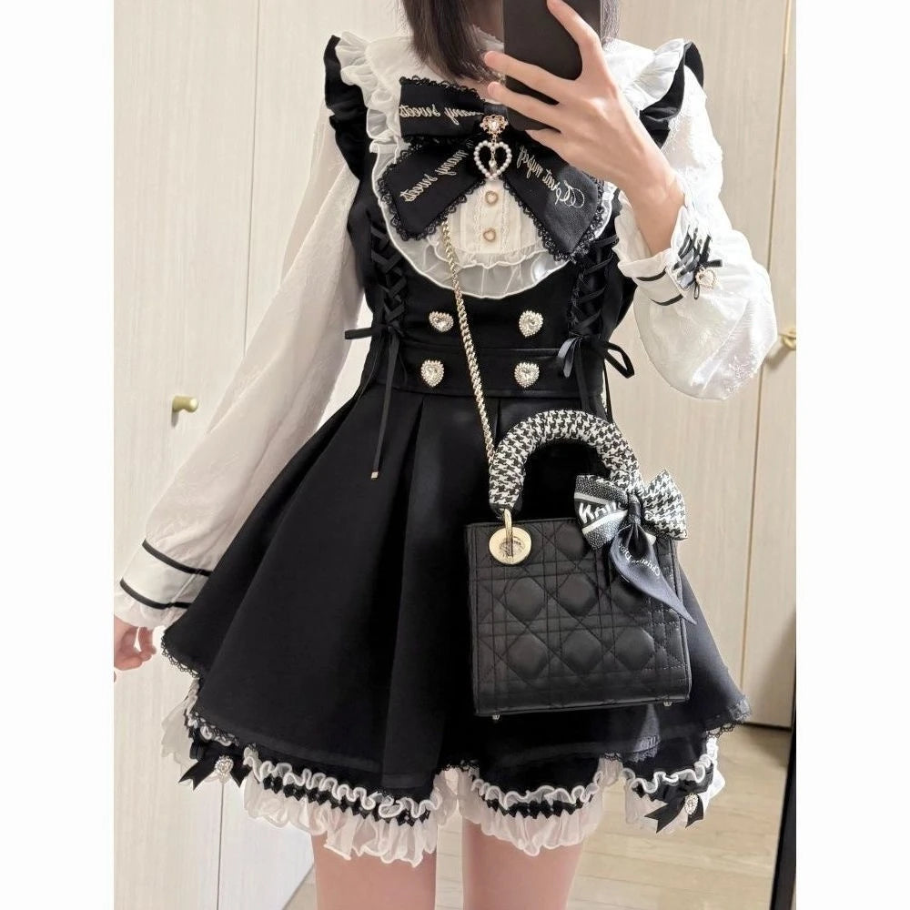 Harajuku Sweet Bow Black Plaid Dresses All-match Slim Fit Kawaii Lolita Dress for Women Autumn New Long Sleeve Vestidos De Mujer - Matrix-studios.com
