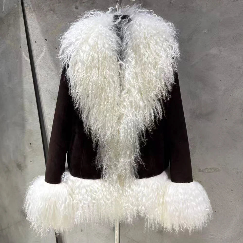 Sheep Fur Leather Coats Women Winter Luxury Mongolian Fur Leather Jackets with Long Sleeve with Natural Mongolian Fur 7251 - Matrix Studios