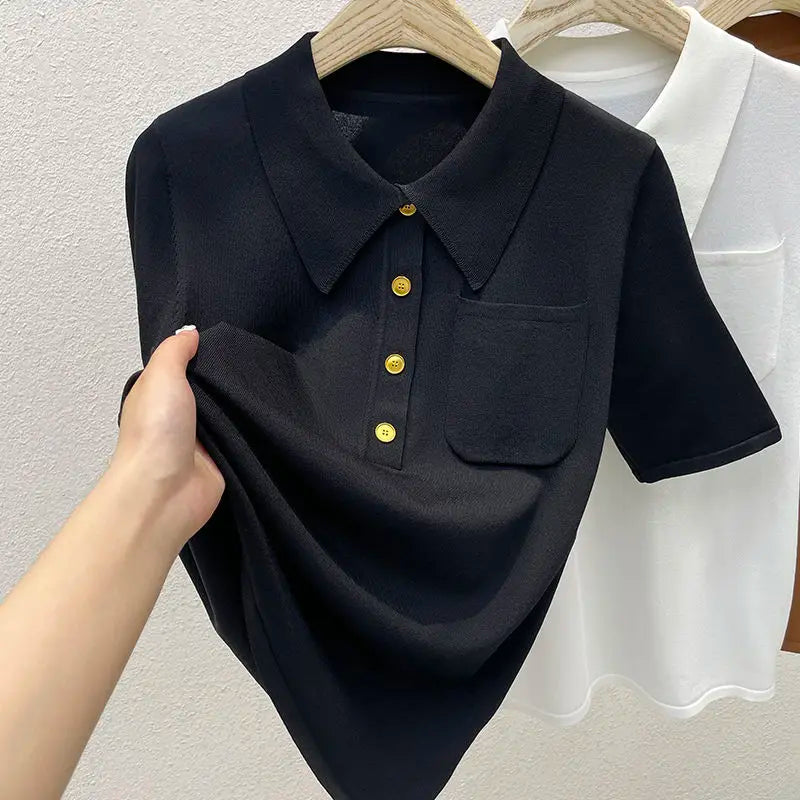 Elegant POLO Short Sleeve T Shirt Loose Pockets Design Thin Summer Blouses For Women Aesthetic Clothing - Matrix-studios.com