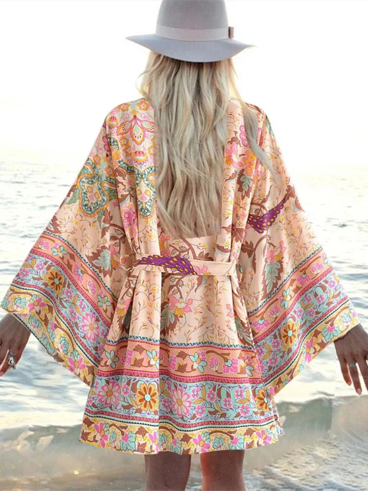 Happie Queens Vintage Peacock Floral Print Sashes Bohemian Kimono Women  V Neck Batwing Sleeves Short Robe Boho Bikini Cover-ups - Matrix Studios