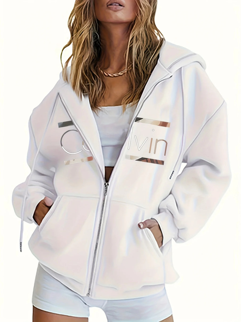 Women's Hoodie - Cozy Brown Zip-Up with White Print Casual Long Sleeve Sweatshirt  Drop Shoulder Design Relaxed Fit Winter W - Matrix Studios