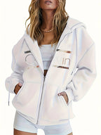 Women's Hoodie - Cozy Brown Zip-Up with White Print Casual Long Sleeve Sweatshirt  Drop Shoulder Design Relaxed Fit Winter W - Matrix Studios