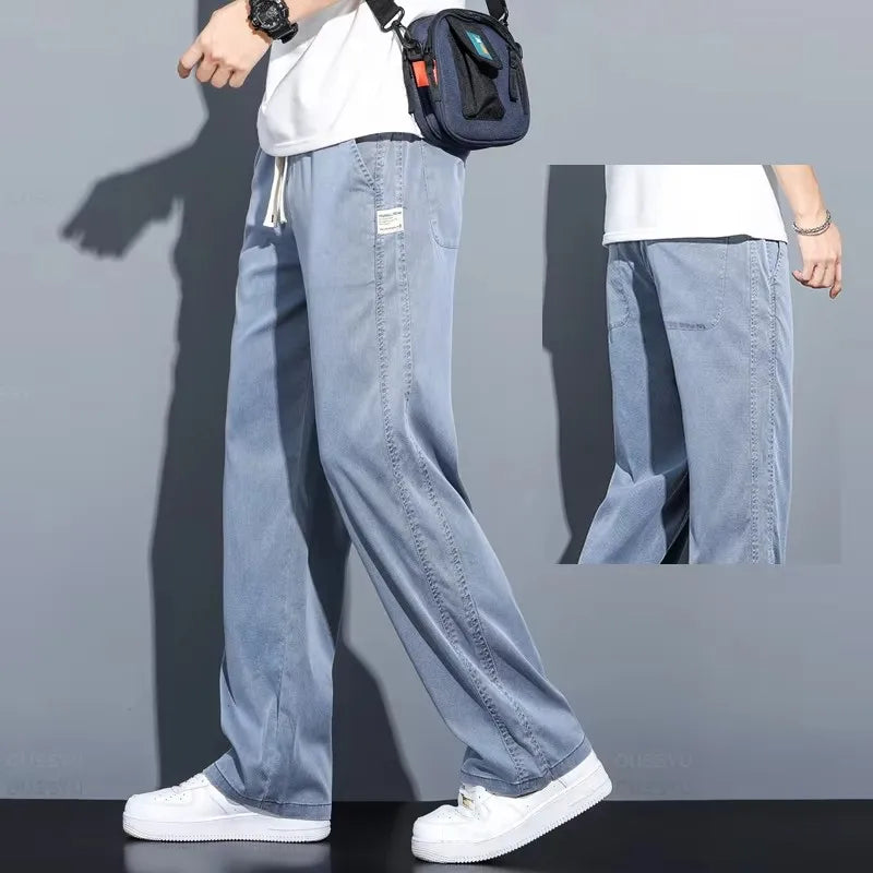 Summer Soft Lyocell Fabric Men's Jeans Thin Loose Straight Pants Drawstring Elastic Waist Korea Casual Trousers Plus Size M-5XL - Matrix Studios