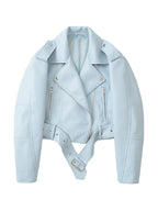 Ailegogo Spring Autumn Women Faux Pu Leather Short Jacket with Belt Motorcycle Biker Female Zipper Lapel Loose Coat Outwear - Matrix Studios