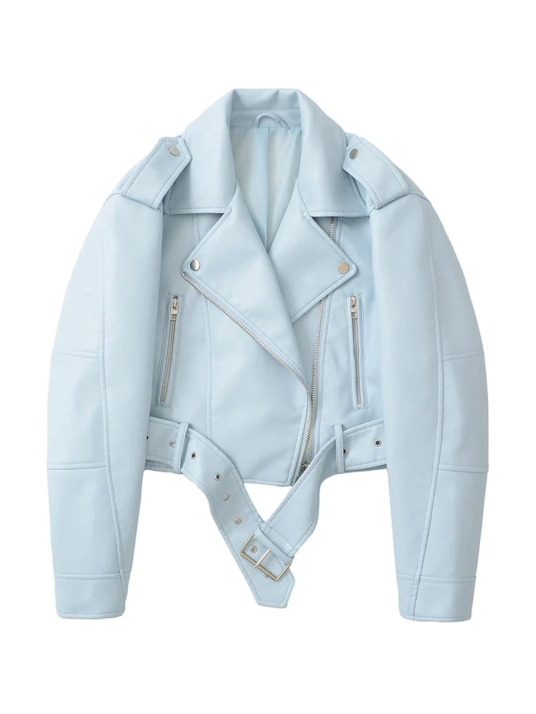 Ailegogo Spring Autumn Women Faux Pu Leather Short Jacket with Belt Motorcycle Biker Female Zipper Lapel Loose Coat Outwear - Matrix Studios