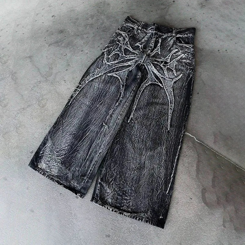 Gothic Retro Baggy Unisex Mopping Pants Y2K Phantom Jeans High Street Spider Embroidered Patch Hip Hop Streetwear Straight Jeans - Matrix Studios