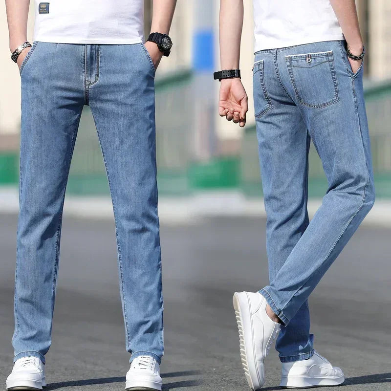 2025 Summer New Men's Loose Gray Jeans Fashion Casual Stretch Straight-leg Denim Pants Male Light Blue Men's Trousers - Matrix Studios