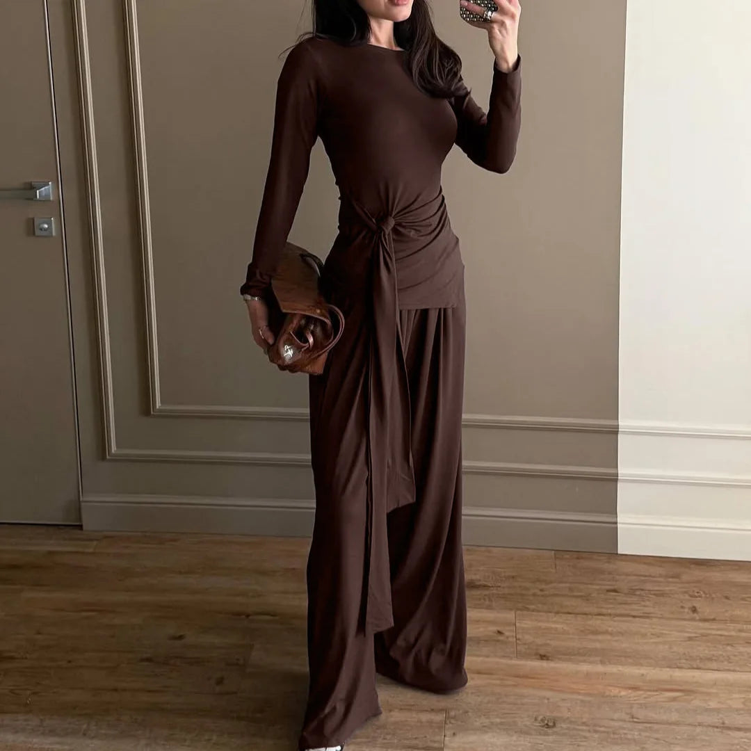 Women Brown Boat Neck Long Sleeve Side Tie Waist Slim Top Wide Leg Pants Elegant Daily Commuter Fashion Lady 2 Piece Outfit Set