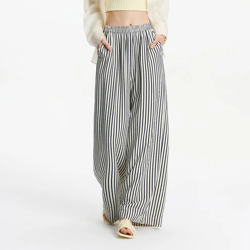 Semir Elastic Waist Casual Pants Women Lazy Chic 2025 Summer New Striped Wide Leg Lengthening Trousers for Daily Walks