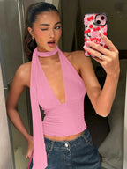 Dulzura V-Neck Sleeveless Halter Backless Bodycon Corp Top Solid Sexy Elegant Y2K Top Party Clubwear Street Summer Vest - Matrix-studios.com