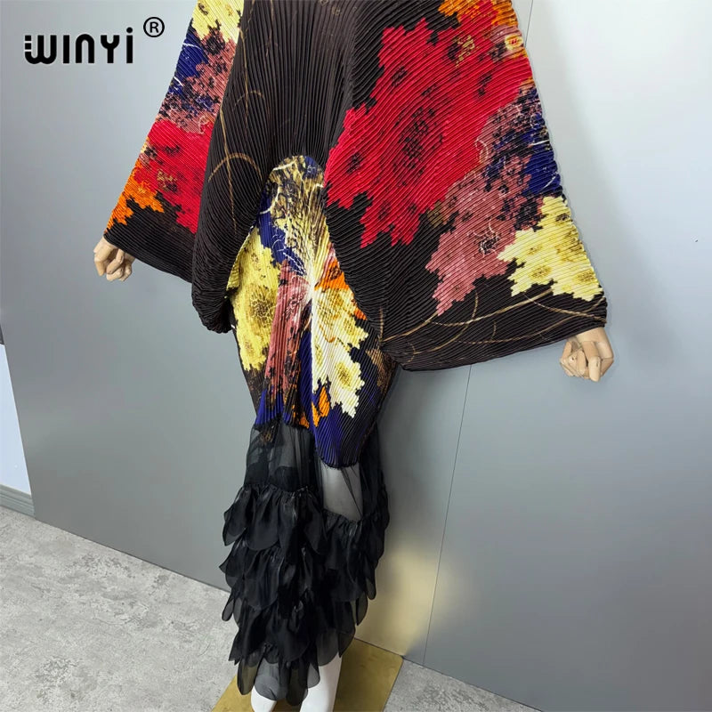 WINYI Pleated Elastic Loose Dress Beach Cover Up Abaya Dubai Luxury Party Dress Fashion Evening Dress Abaya Muslim Woman Kaftan - Matrix-studios.com
