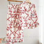 Fashion Print Flower 2PCS Pajamas Set Women Sleepwear Spring Summer Trouser Suits Lounge Wear Loose Satin Homewear Pijamas Suit - Matrix-studios.com
