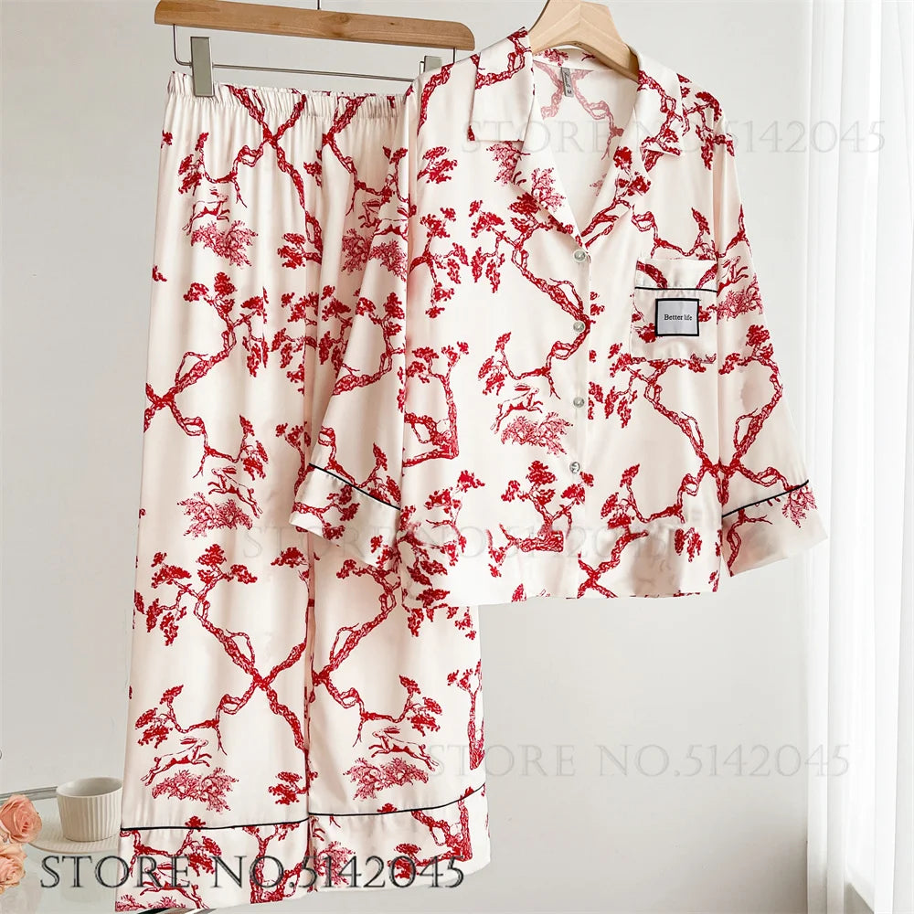 Fashion Print Flower 2PCS Pajamas Set Women Sleepwear Spring Summer Trouser Suits Lounge Wear Loose Satin Homewear Pijamas Suit - Matrix-studios.com