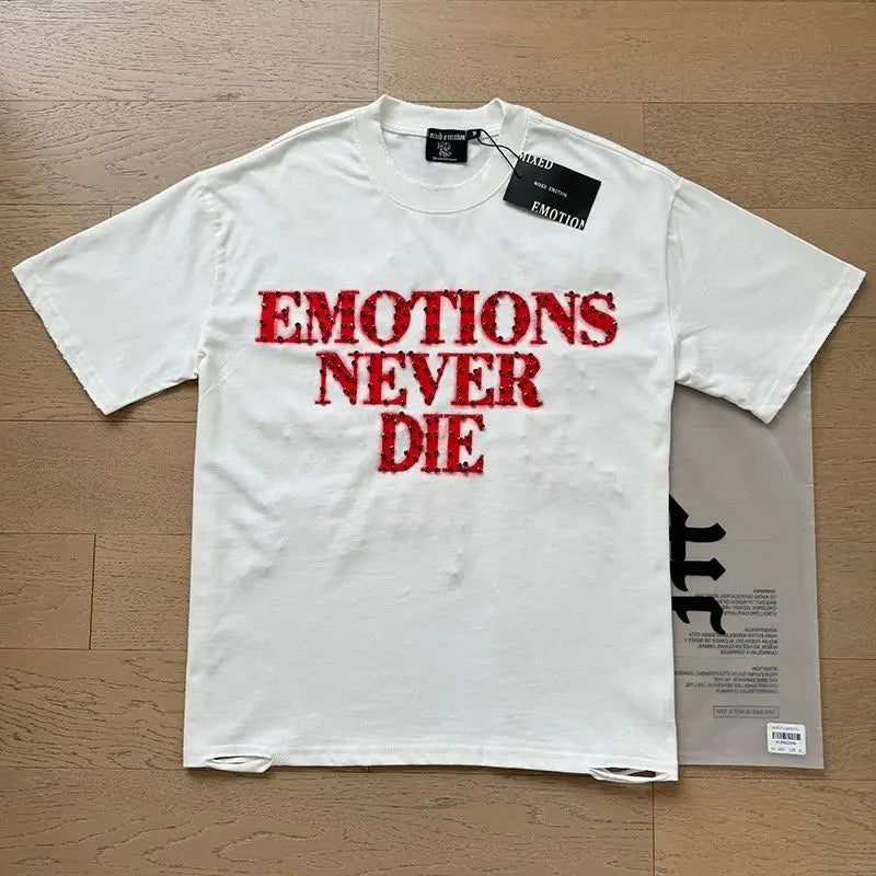 MIXED EMOTION Shirt Rhinestone Short Sleeve Men Women T-shirt Streetwear 100% Cotton Loose Round Neck Top Tees Oversized Tee Top - Matrix Studios
