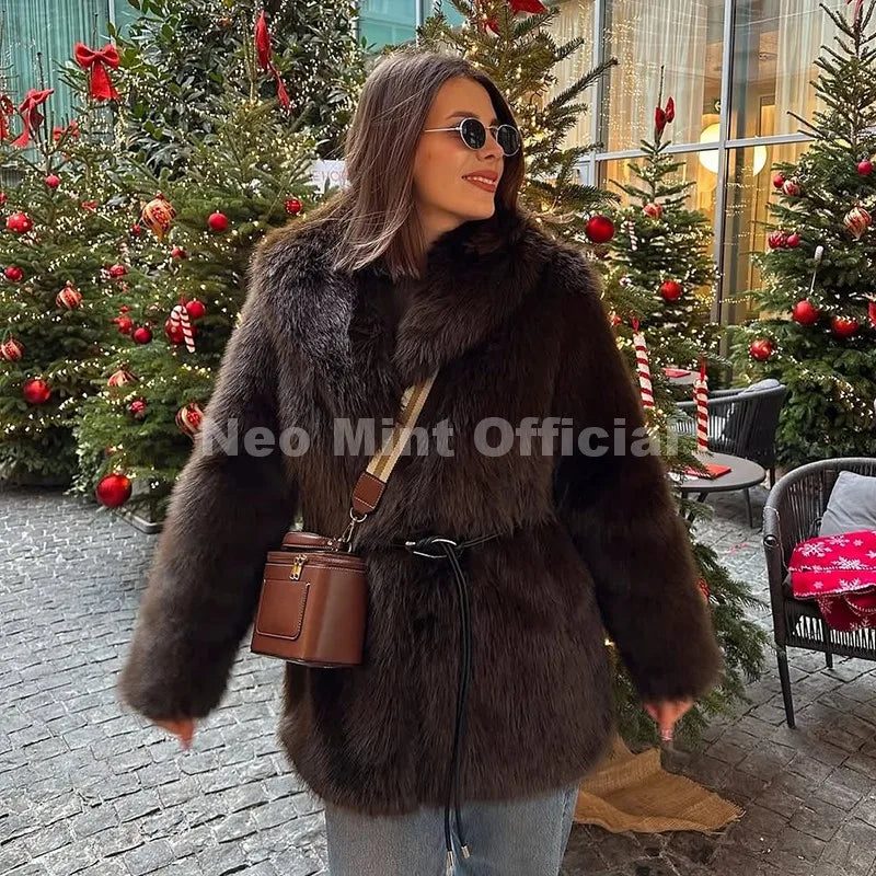 Neo Mint 2025 Winter Hot Brown Belted Faux Fur Coat Women Thick Warm Long Fox Fur Jacket Chic Brand Fashion Girls Furry Overcoat - Matrix Studios