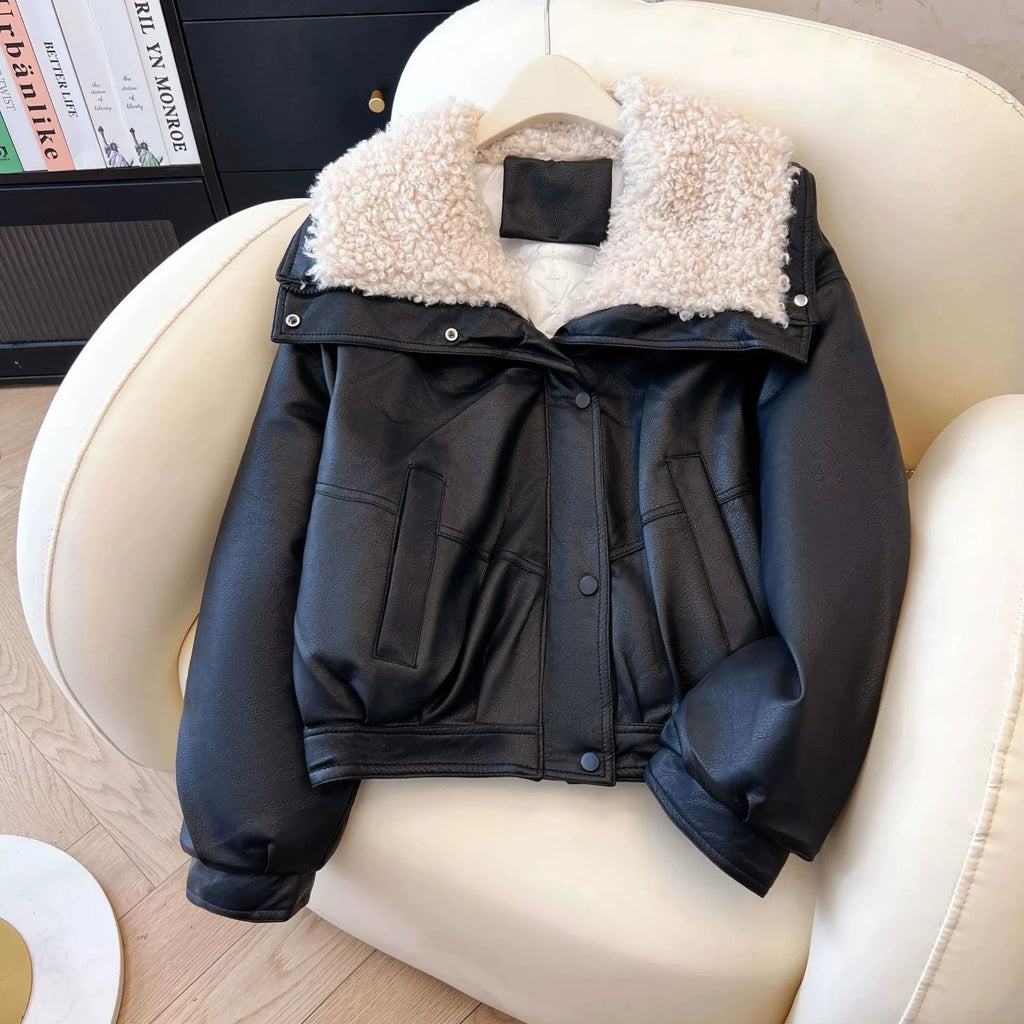 Lambskin Large Fur Collar Fake Lambskin Leather Jacket 2025 New Women Autumn Winter Jacket Coat Korean Loose Down Cotton Jacket - Matrix Studios