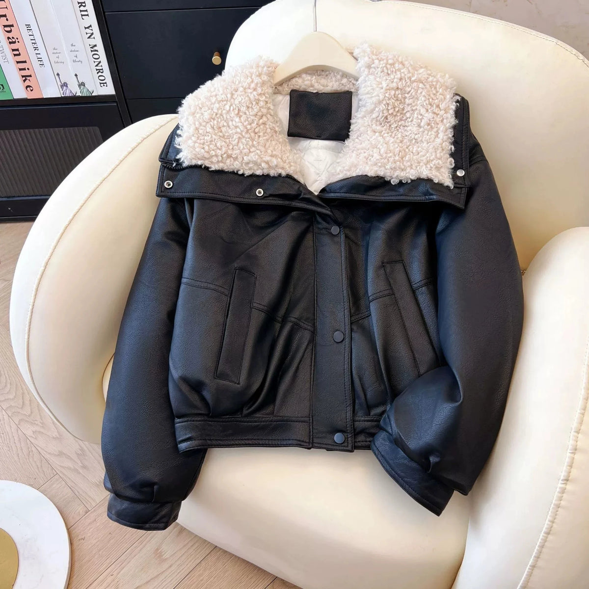 Lambskin Large Fur Collar Fake Lambskin Leather Jacket 2025 New Women Autumn Winter Jacket Coat Korean Loose Down Cotton Jacket - Matrix Studios