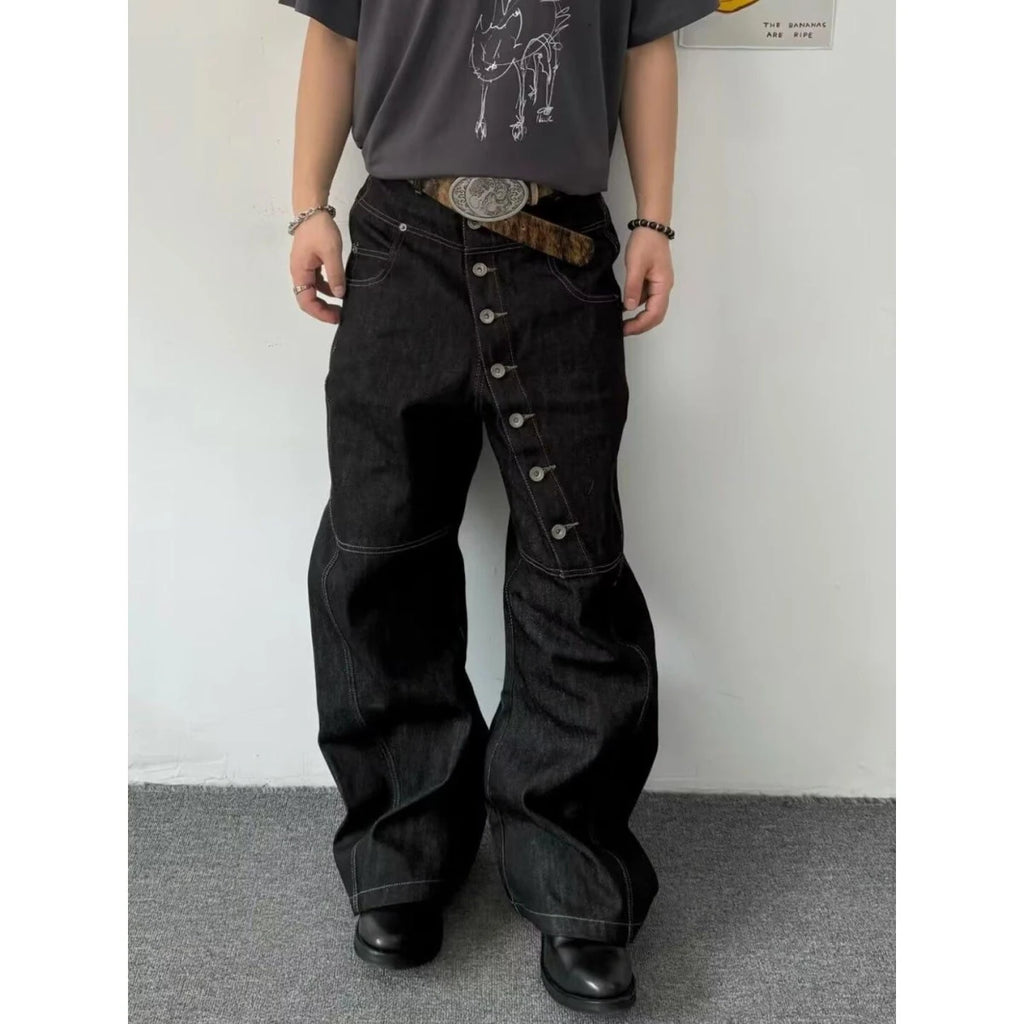 American Retro Long Row Button Design Men's Jeans High Street Loose Wide Leg Floor-Length Trousers Trendy Casual Jeans - Matrix Studios