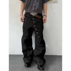 American Retro Long Row Button Design Men's Jeans High Street Loose Wide Leg Floor-Length Trousers Trendy Casual Jeans - Matrix Studios