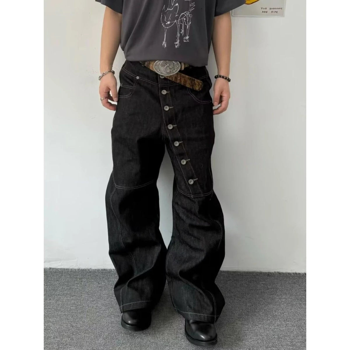 American Retro Long Row Button Design Men's Jeans High Street Loose Wide Leg Floor-Length Trousers Trendy Casual Jeans - Matrix Studios