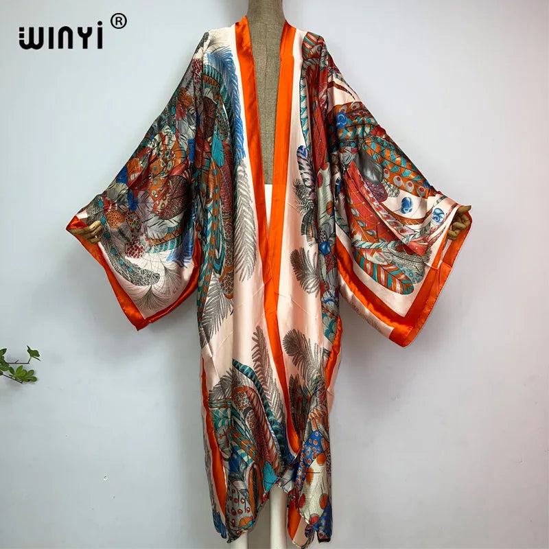 WINYI Summer New Fashion Print Women Cardigan Loose Long Dress Elegant Party Boho Maxi Beach Holiday Cover Up Kimonos Kaftan - Matrix Studios