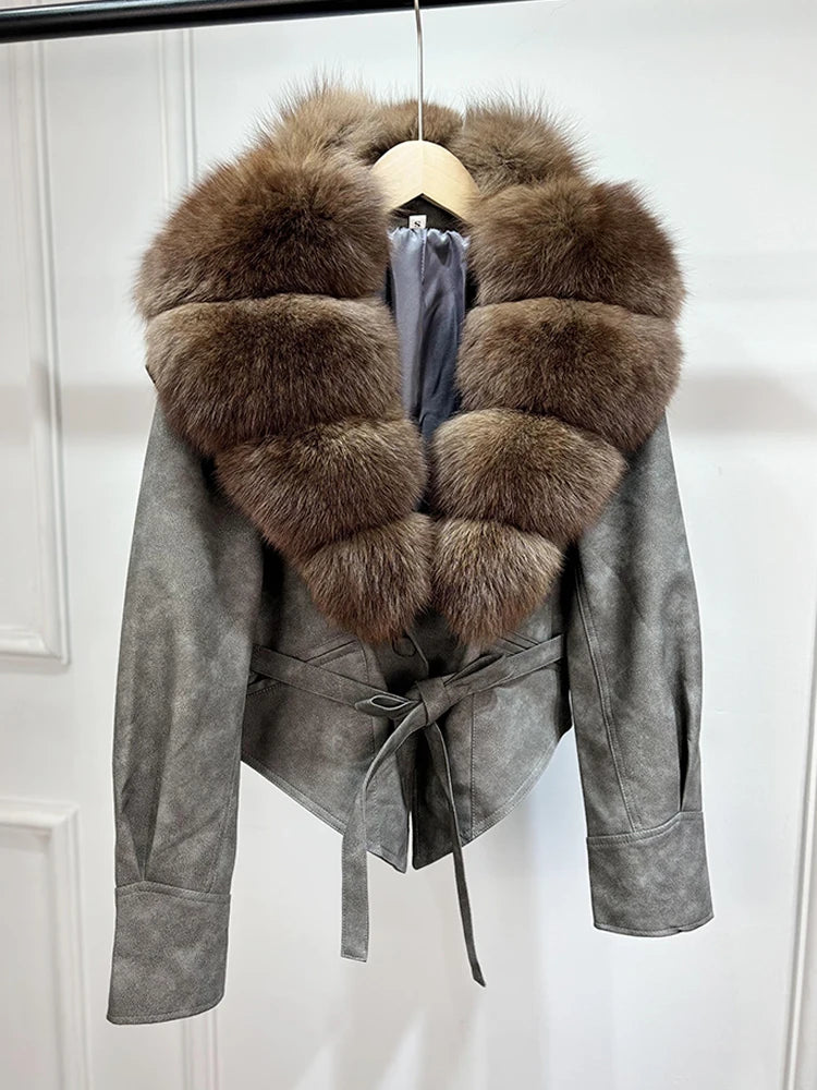 Janveny Huge Big Natural Fox Fur 2025 New Autumen Winter Pu Faux Leather Jacket Women Casual Female Lapel Zipper Motorcycle Coat - Matrix Studios