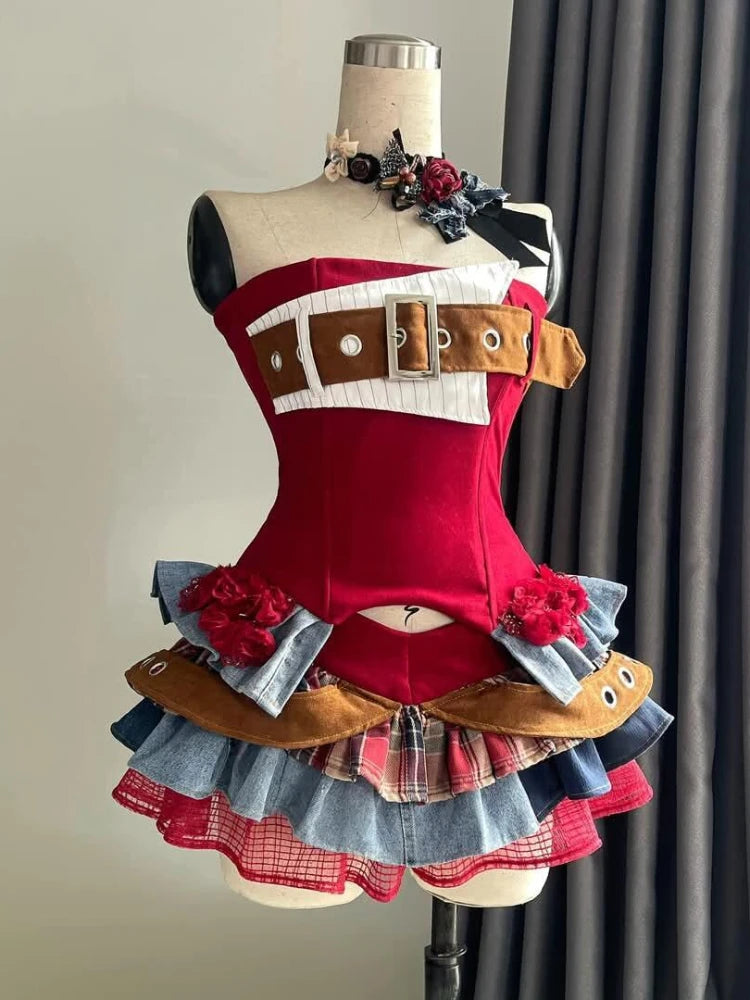 Summer Vintage Elegant Y2K Woman 2 Piece Sets Punk Gothic Strapless Crop Tops +High Waist Ruffle Skirt Female Party Outfits 2025 - Matrix-studios.com