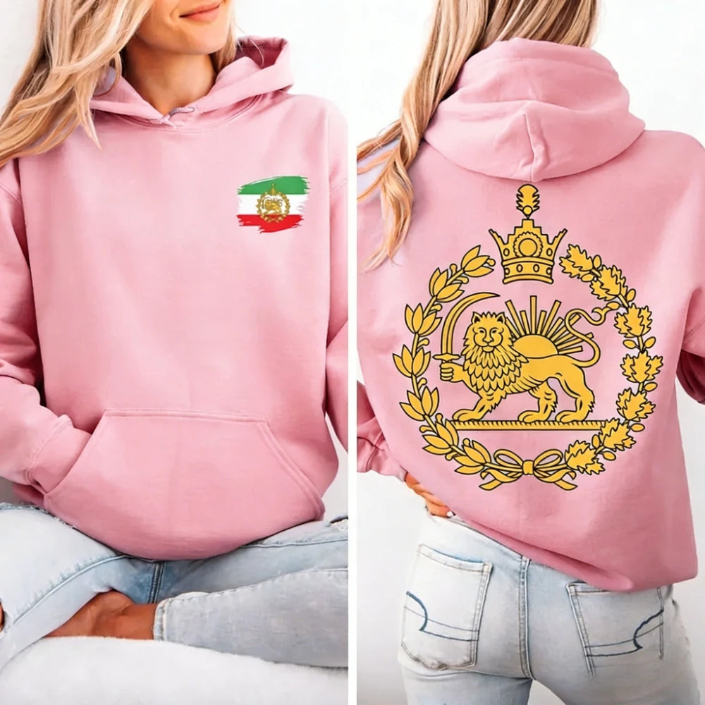Lion and Sun Iran Hooded Tops Persian Flag Graphic Duplex Printing Clothing Shir-o-Khorshid Emblem Pullover Men Women Hoodies - Matrix Studios