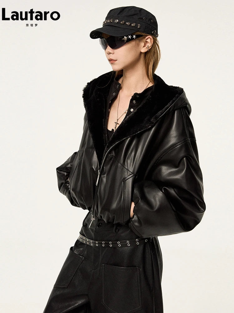 Lautaro Spring Autumn Cool Warm Thick Oversized Black Short Reversible Soft Pu Leather Jacket Hoodie Women with Faux Fur Inside - Matrix Studios