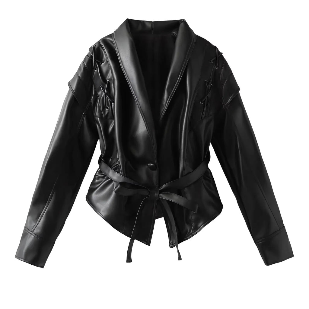 Mauroicardi Spring Autumn Short Retro Brown Pu Leather Jacket Women Sashes Lace Up Luxury Designer Emo Clothes European Fashion - Matrix Studios