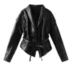 Mauroicardi Spring Autumn Short Retro Brown Pu Leather Jacket Women Sashes Lace Up Luxury Designer Emo Clothes European Fashion - Matrix Studios